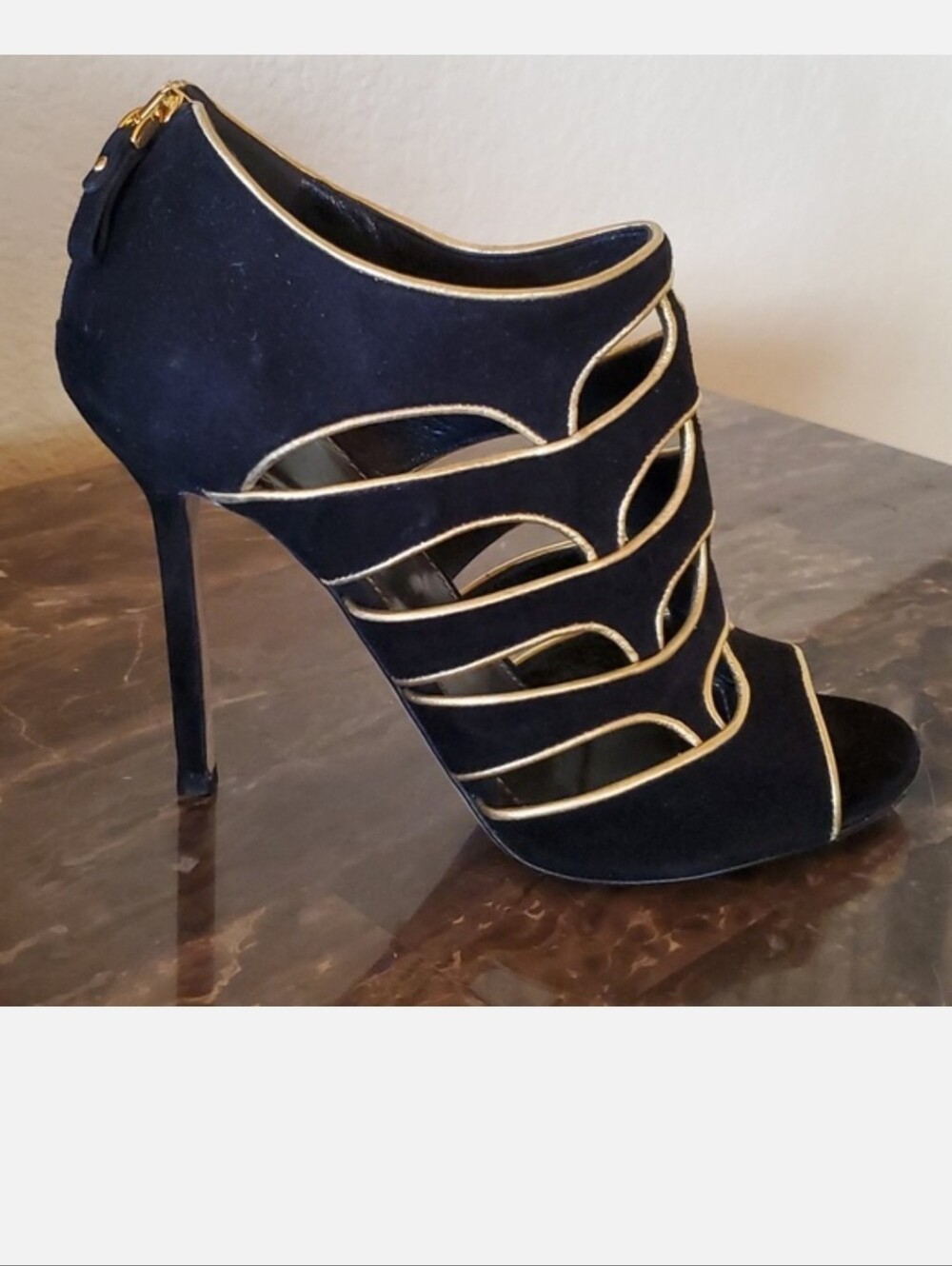Sergio Rossi black and gold caged bootie heels